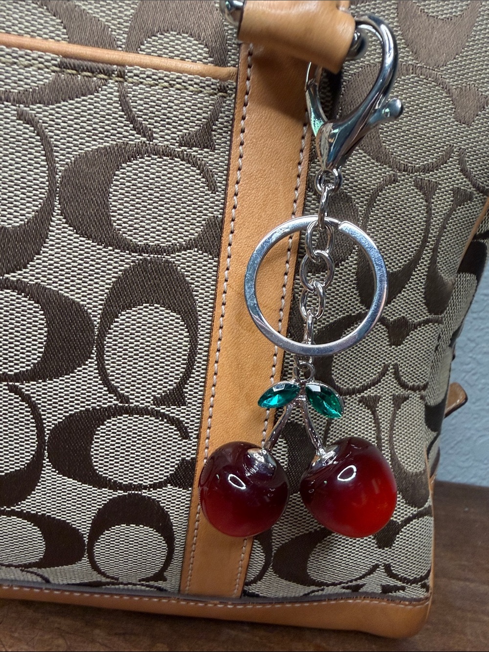 Cherry Keychain Bag Charm - Red with Green Gem Leaves